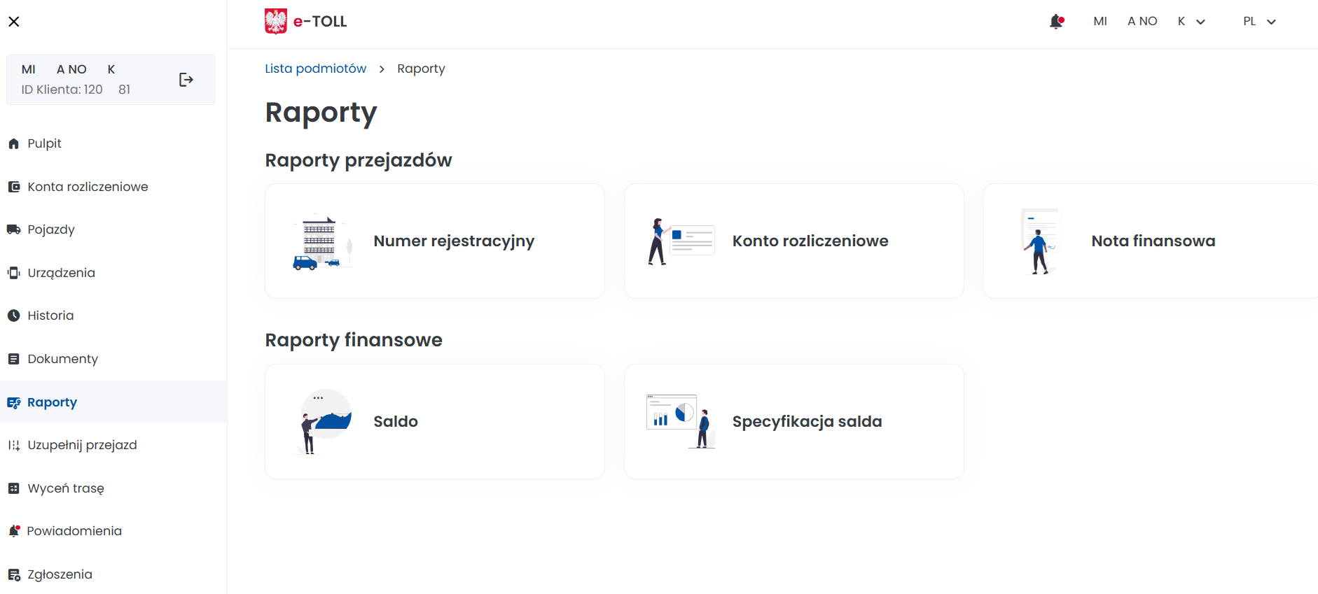 Screen widoku sekcji Raporty w Internetowym Koncie Klienta