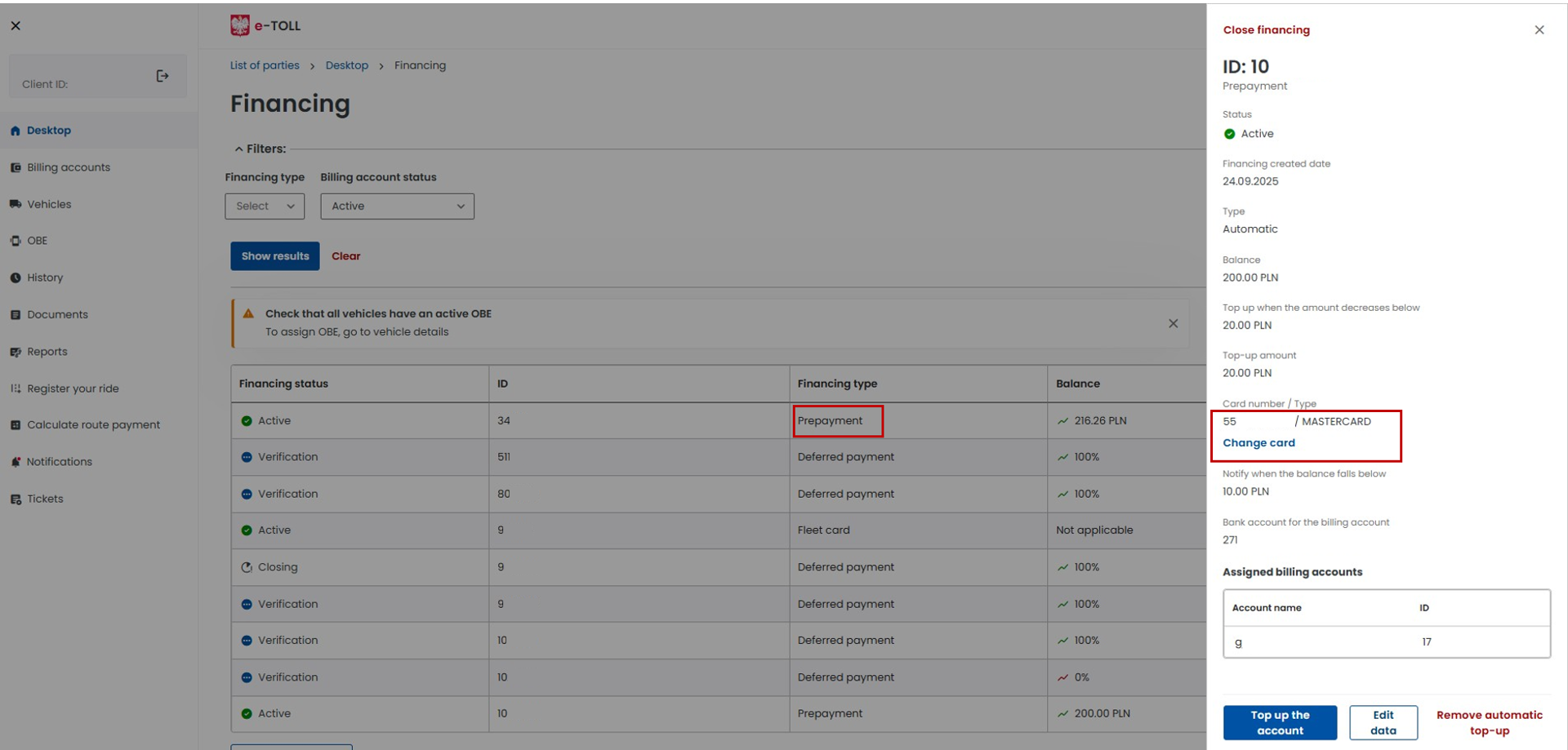 Screen z Internetowego Konta Klienta. Po lewej menu boczne, pośrodku okno wyboru finansowania. W tabeli „Typ finansowania” czerwoną ramką zaznaczono opcję „Przedpłata”. Obok widoczne okno z numerem karty zaznaczonym do edycji.