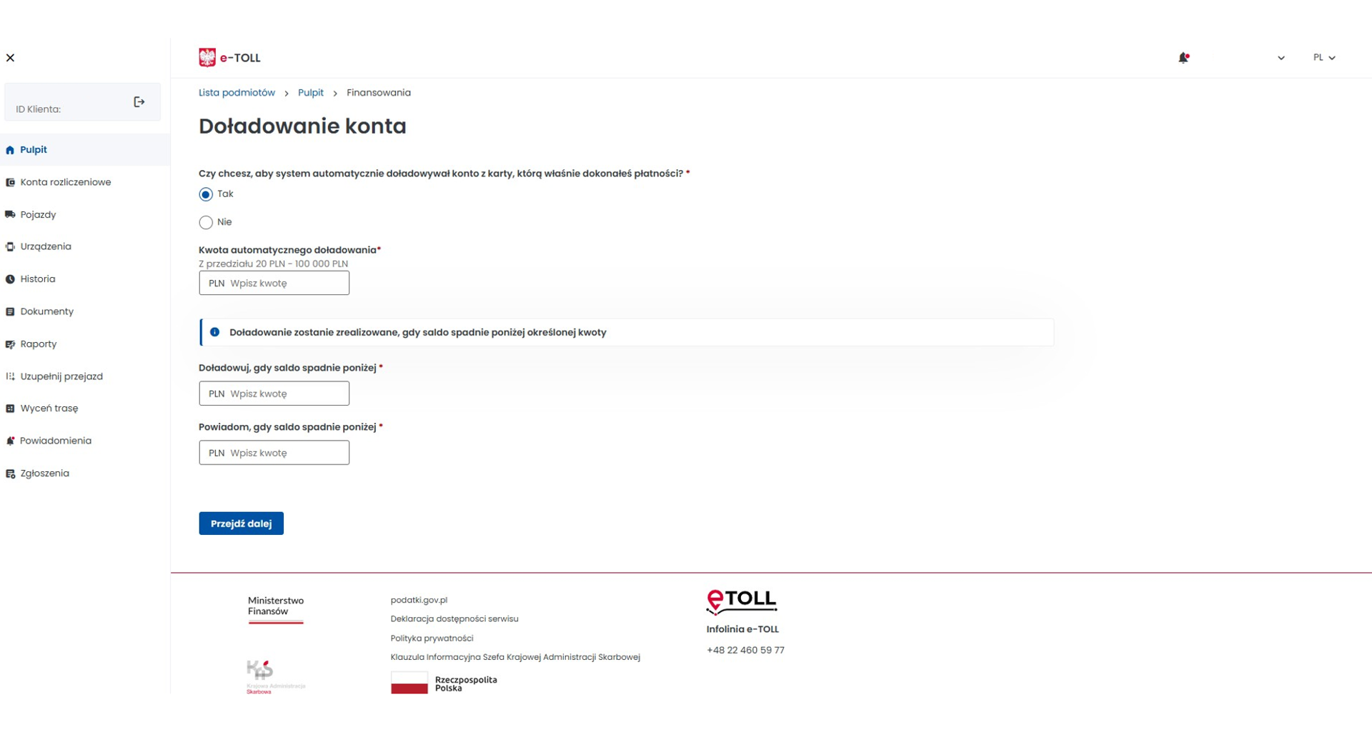 Screen z Internetowego Konta Klienta. Po lewej menu boczne z funkcjami. Po prawej okno autodoładowania konta z polami do wpisania kwoty doładowania i minimalnego salda uruchamiającego automatyczne doładowanie.